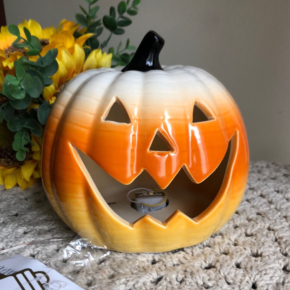 Orange and Yellow Ceramic LED Lighted Jack-O'-Lantern Pumpkin